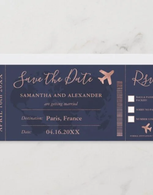 Save the date rose gold world map boarding pass