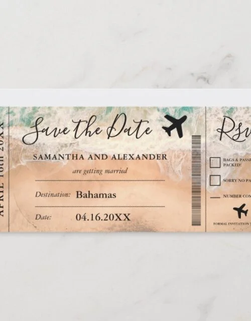 Save the date script tropical plane boarding pass