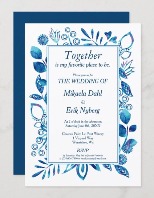 Scandinavian Blue Floral Pattern Wedding Invitation