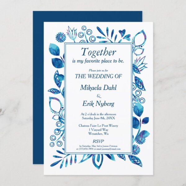 Scandinavian Blue Floral Pattern Wedding Invitation