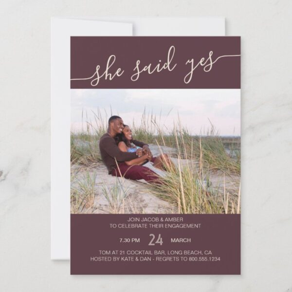 She Said Yes Script Rose Brown Photo Engagement Invitation