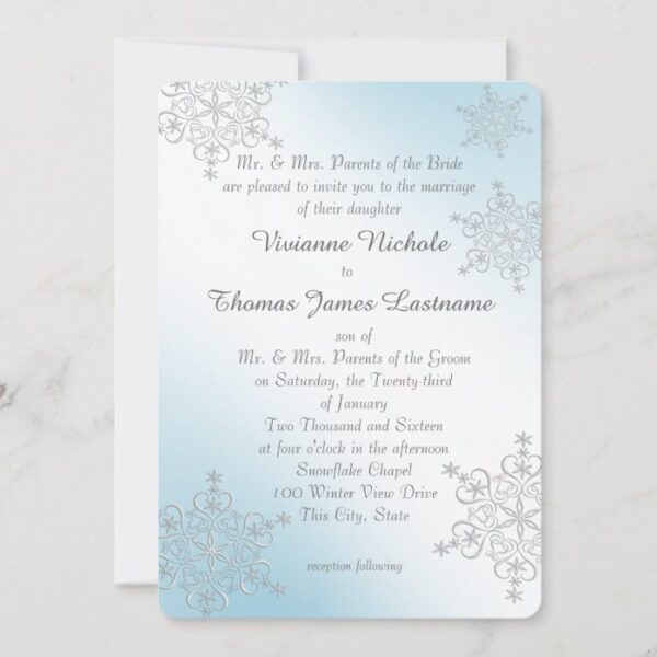 Silver and Ice Blue Snowflakes Wedding Invitation