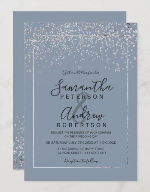 Silver confetti dusty blue typography wedding invitation