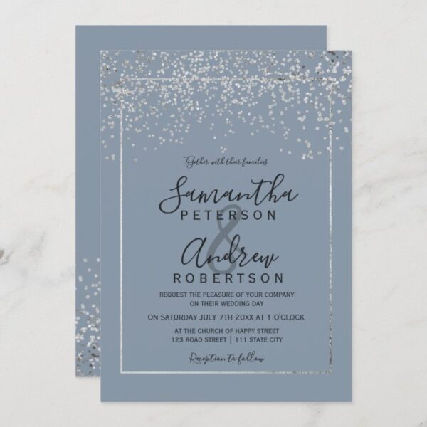 Silver confetti dusty blue typography wedding invitation