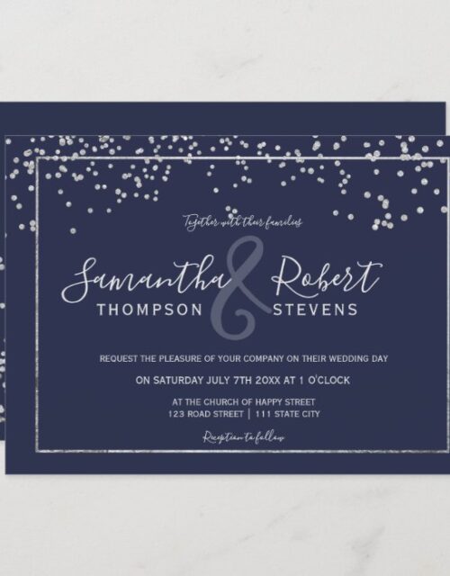 Silver confetti navy blue script chic wedding invitation