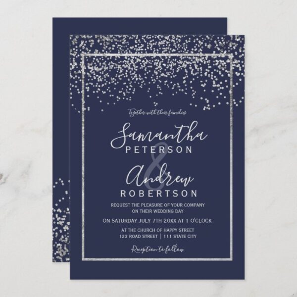 Silver confetti navy blue typography wedding invitation