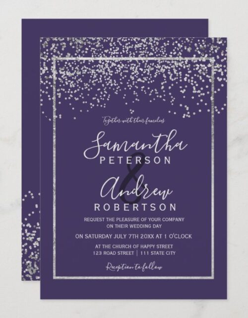 Silver confetti purple typography wedding invitation