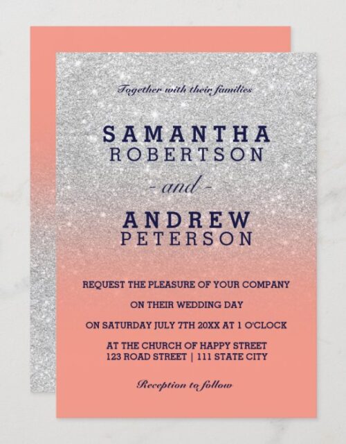 Silver faux glitter navy blue coral ombre wedding invitation