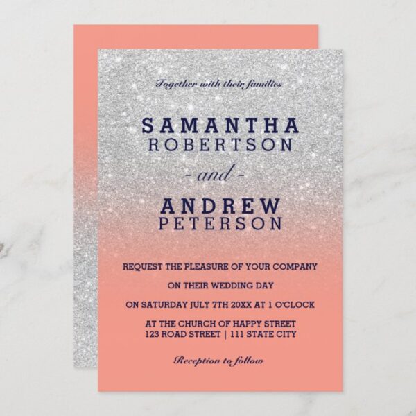 Silver faux glitter navy blue coral ombre wedding invitation