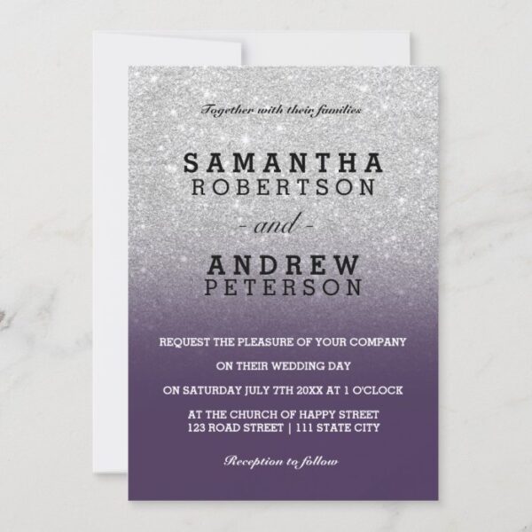 Silver faux glitter purple chic ombre wedding invitation
