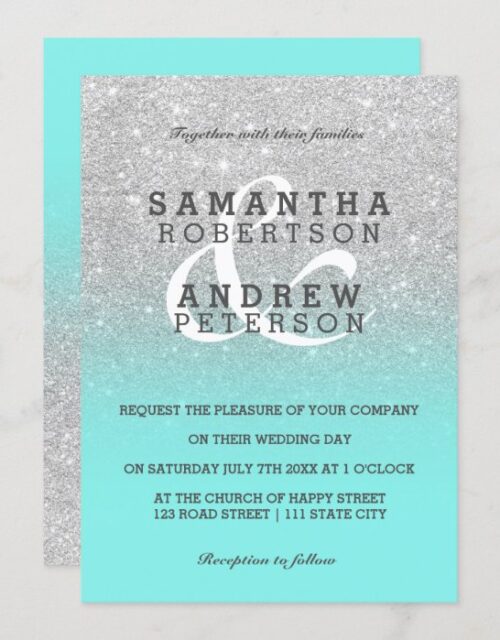 Silver faux glitter teal ombre wedding custom invitation