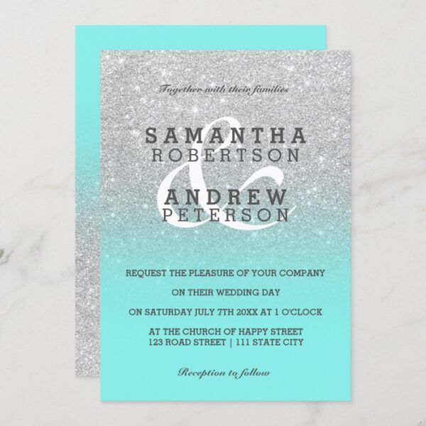 Silver faux glitter teal ombre wedding custom invitation