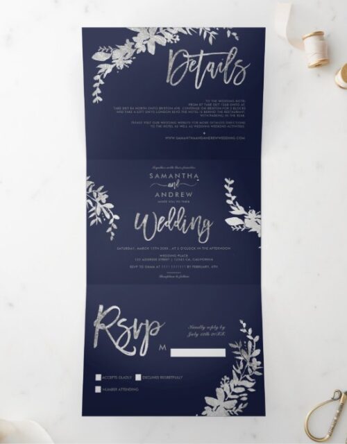 Silver Floral elegant script navy blue wedding Tri-Fold Invitation