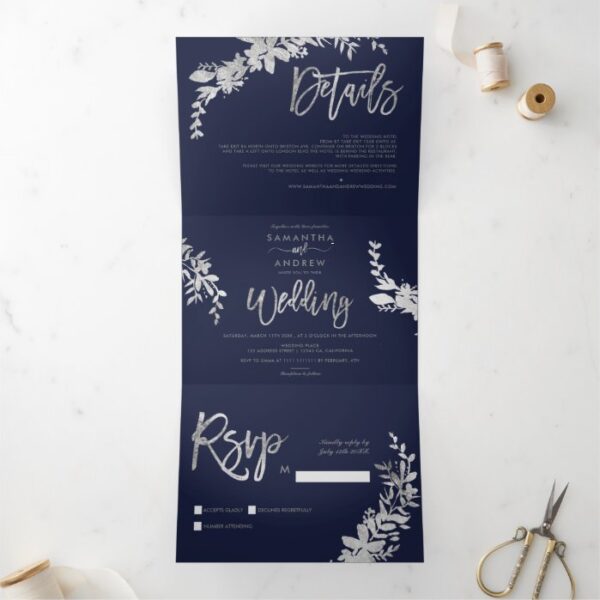 Silver Floral elegant script navy blue wedding Tri-Fold Invitation