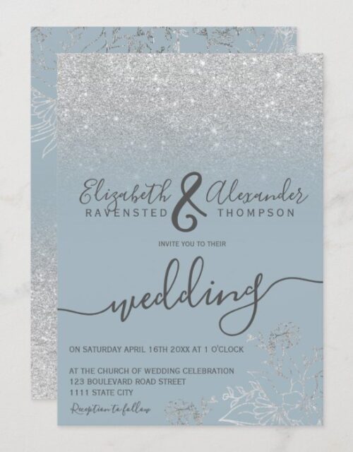 Silver floral glitter dusty blue script wedding invitation