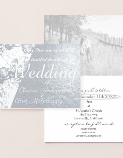 Silver Floral Wedding Invitation Custom Photo