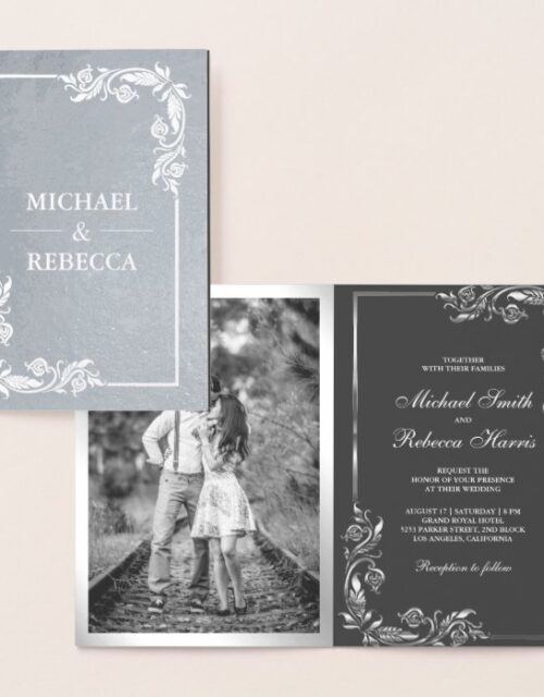 Silver Foil Floral Photo Grey Wedding Invitation