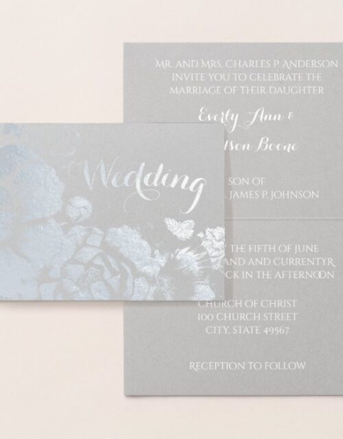 Silver Foil Floral Typography Wedding Invitations