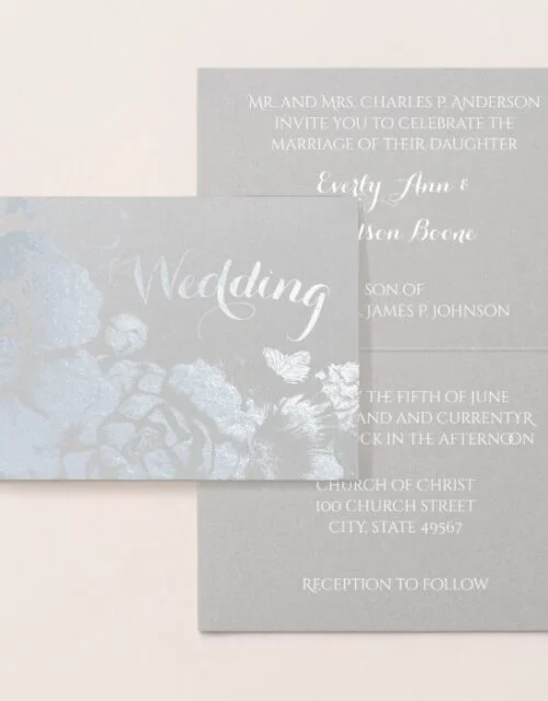 Silver Foil Floral Typography Wedding Invitations