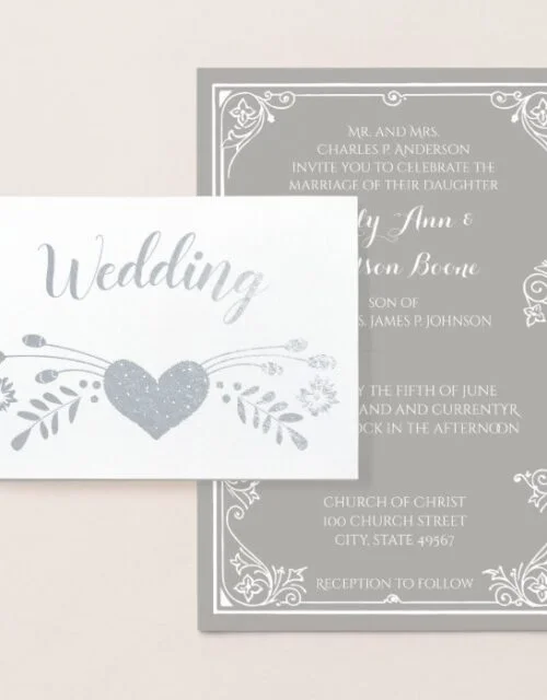 Silver Foil Floral Typography Wedding Invitations