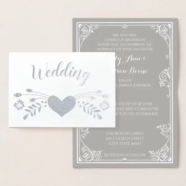 Silver Foil Floral Typography Wedding Invitations