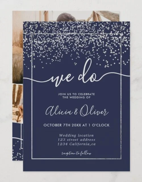 Silver foil navy blue photo initials wedding invitation
