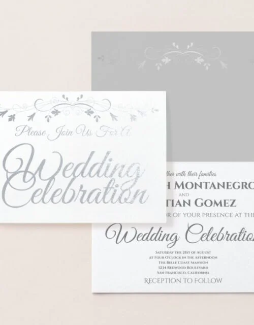Silver Foil on White Elegant Wedding Invitation