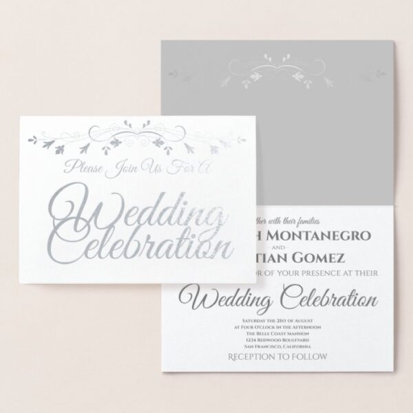 Silver Foil on White Elegant Wedding Invitation