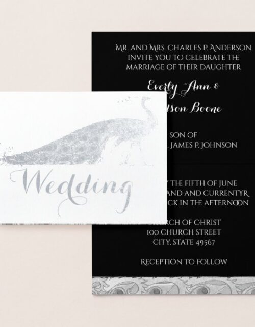 Silver Foil Peacock Typography Wedding Invitations