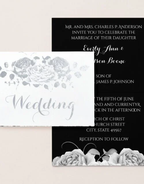 Silver Foil Rose Typography Wedding Invitations