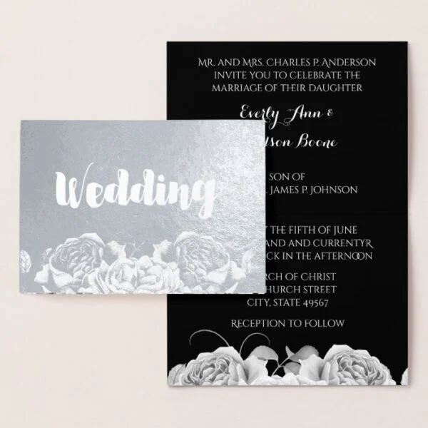 Silver Foil Rose Typography Wedding Invitations