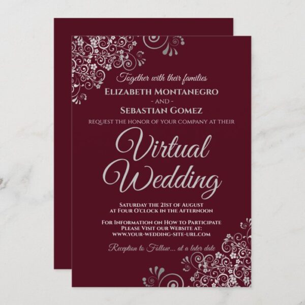 Silver Frills Elegant Burgundy Virtual Wedding Invitation