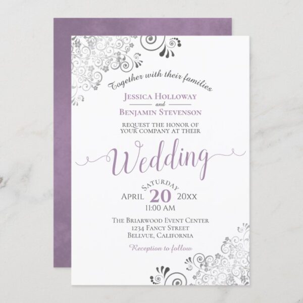 Silver Frills Elegant Lavender on White Wedding Invitation