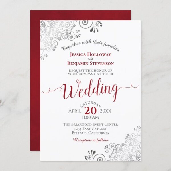 Silver Frills Elegant Red & Gray on White Wedding Invitation