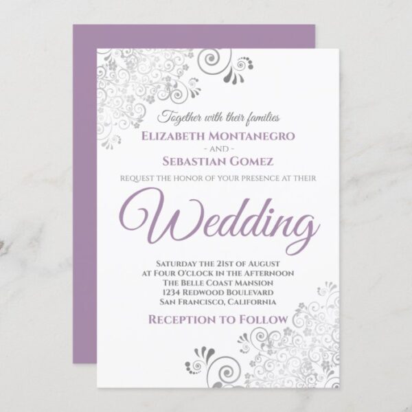 Silver Frills Simple Purple Gray & White Wedding Invitation