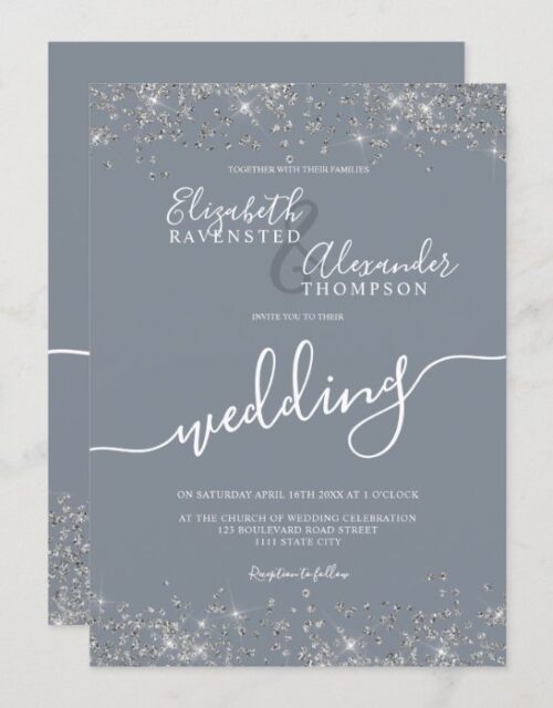 Silver glitter confetti dusty blue chic wedding invitation