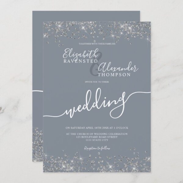 Silver glitter confetti dusty blue chic wedding invitation