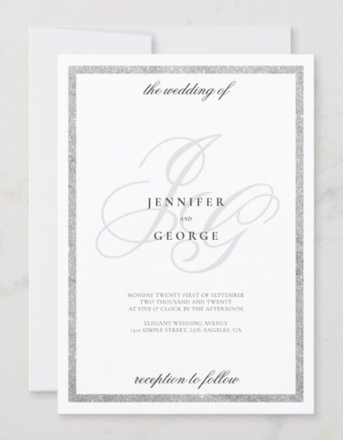 Silver glitter monogram initals chic white wedding invitation