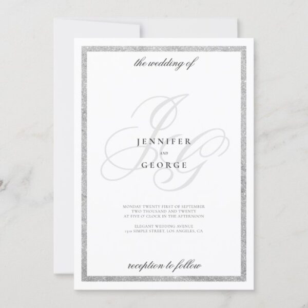 Silver glitter monogram initals chic white wedding invitation