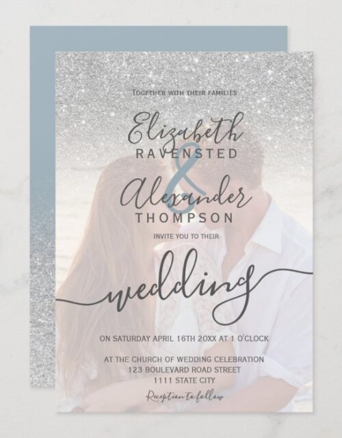 Silver glitter ombre blue script photo wedding invitation