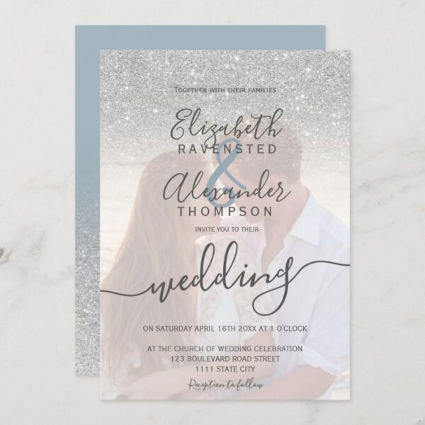 Silver glitter ombre blue script photo wedding invitation