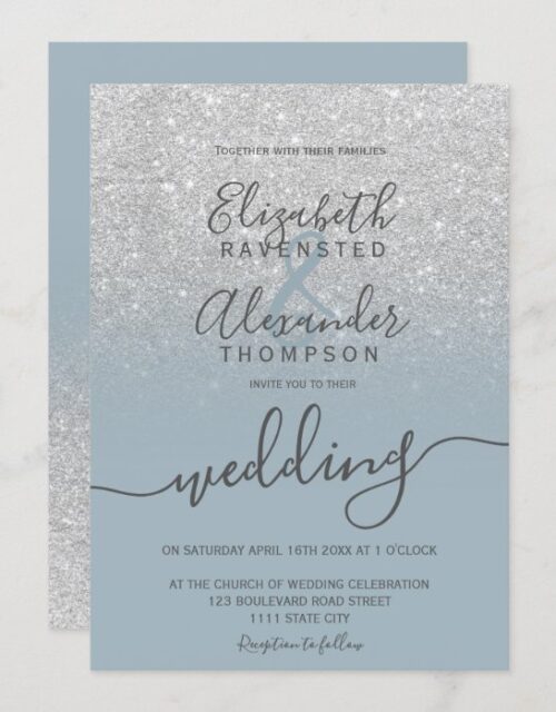Silver glitter ombre dusty blue script wedding invitation