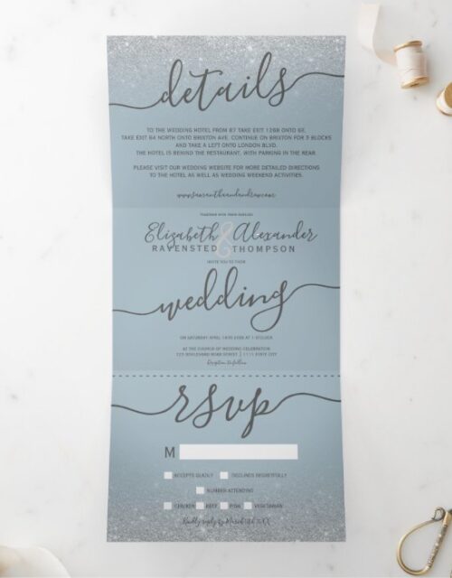 Silver glitter ombre dusty blue script wedding Tri-Fold invitation
