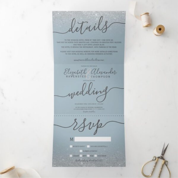 Silver glitter ombre dusty blue script wedding Tri-Fold invitation