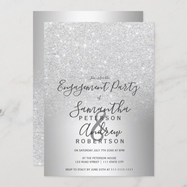 Silver glitter ombre metallic foil engagement invitation