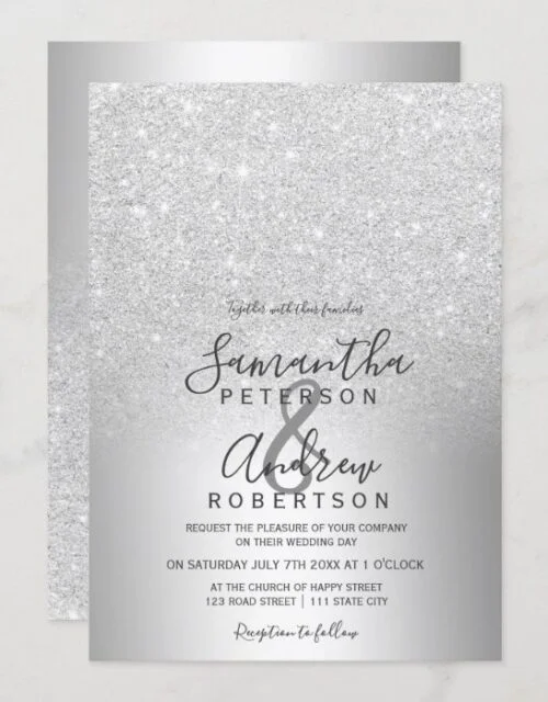 Silver glitter ombre metallic foil wedding invitation