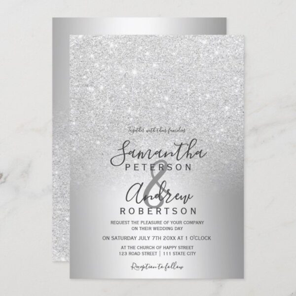 Silver glitter ombre metallic foil wedding invitation