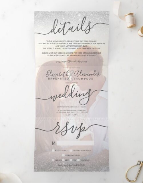 Silver glitter ombre white script photo wedding Tri-Fold invitation