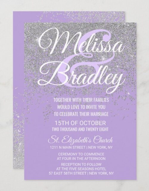 Silver Glitter Sparkles Dark Lavender Wedding Invitation