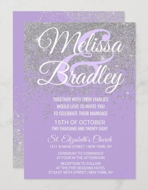Silver Glitter Sparkles Dark Lavender Wedding Invitation